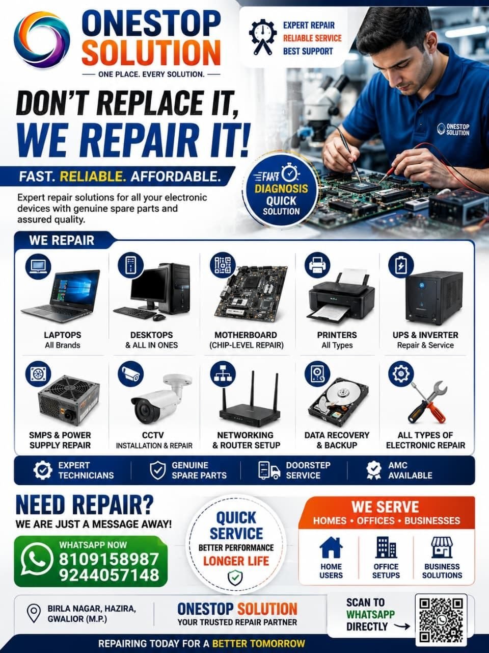OneStop Solution electronics repair poster: technician at a motherboard, with laptops, printers, UPS, CCTV and networking repair