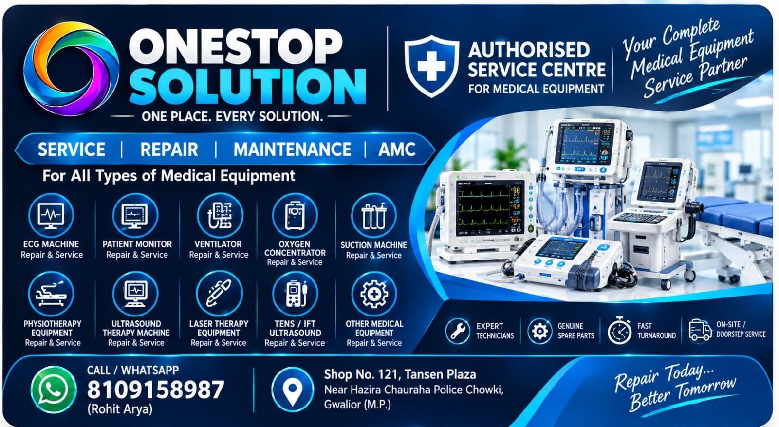 Medical equipment service banner: ECG machine, patient monitor, ventilator, oxygen concentrator and physiotherapy equipment repair